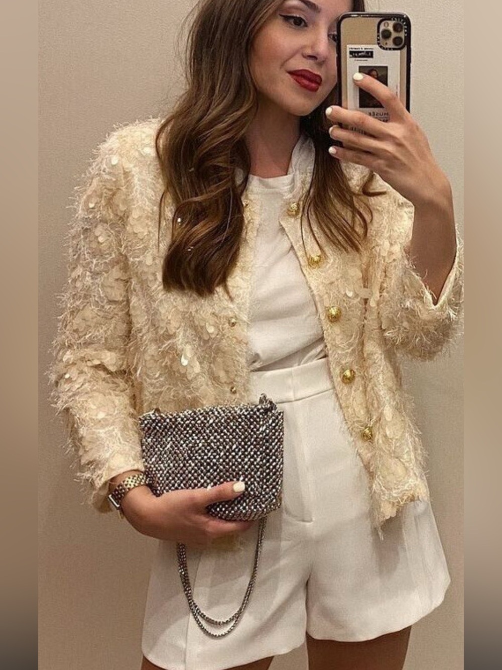 Zara Cream Textured Sequin Bouclé Blazer with Gold Buttons